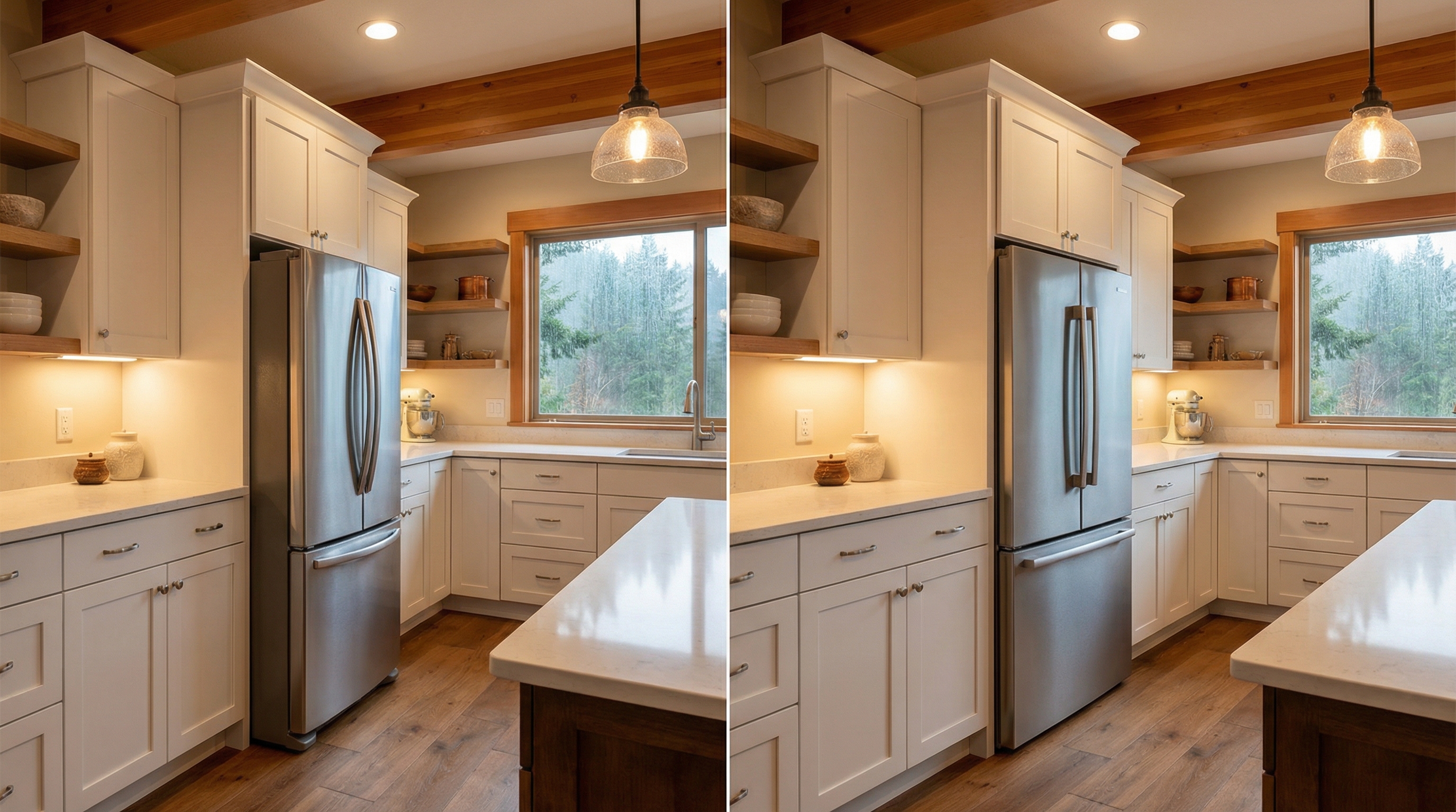 Standard-depth refrigerator protruding past kitchen counters versus counter-depth model sitting flush with cabinetry