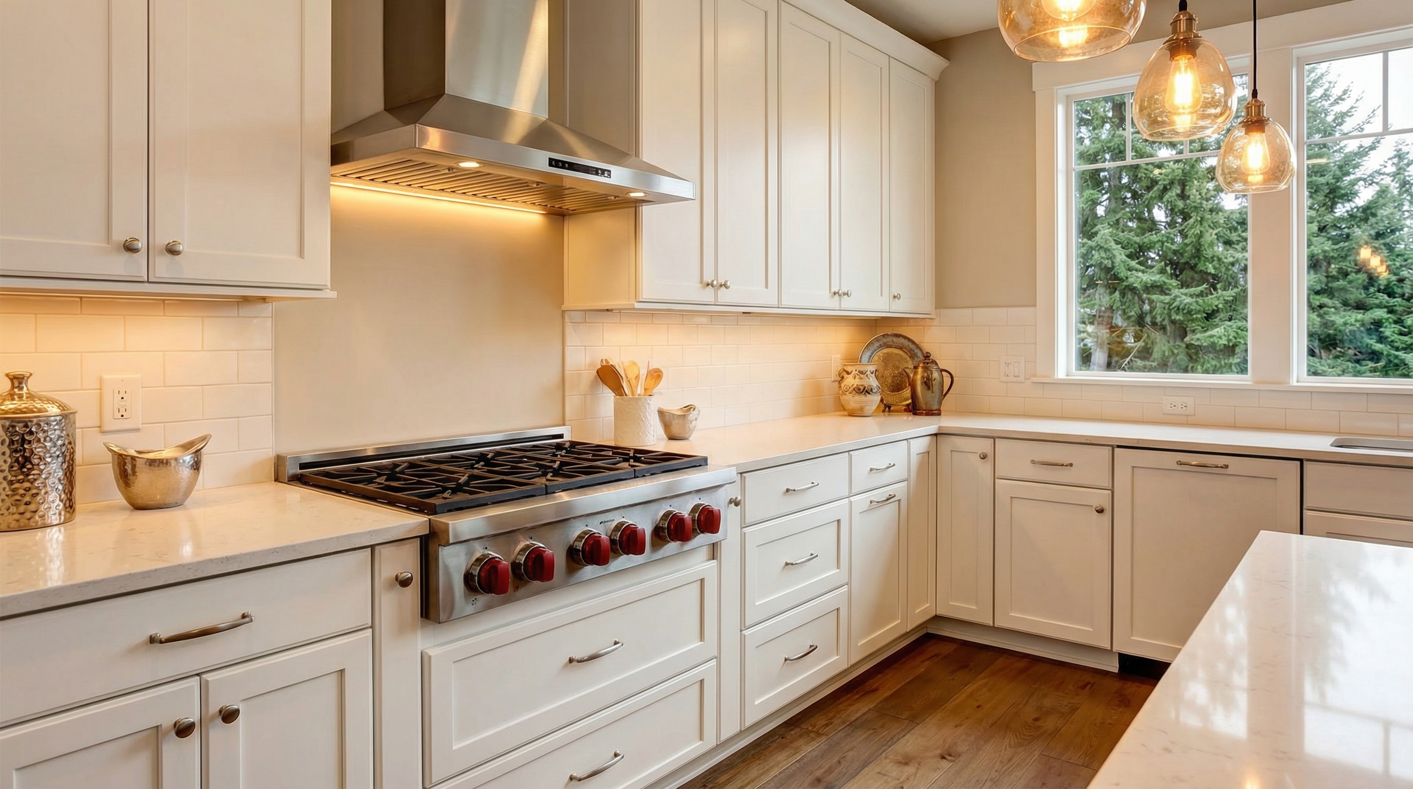 Pro-style stainless steel slide-in range with cast iron grates installed flush between kitchen cabinets with wall-mount hood