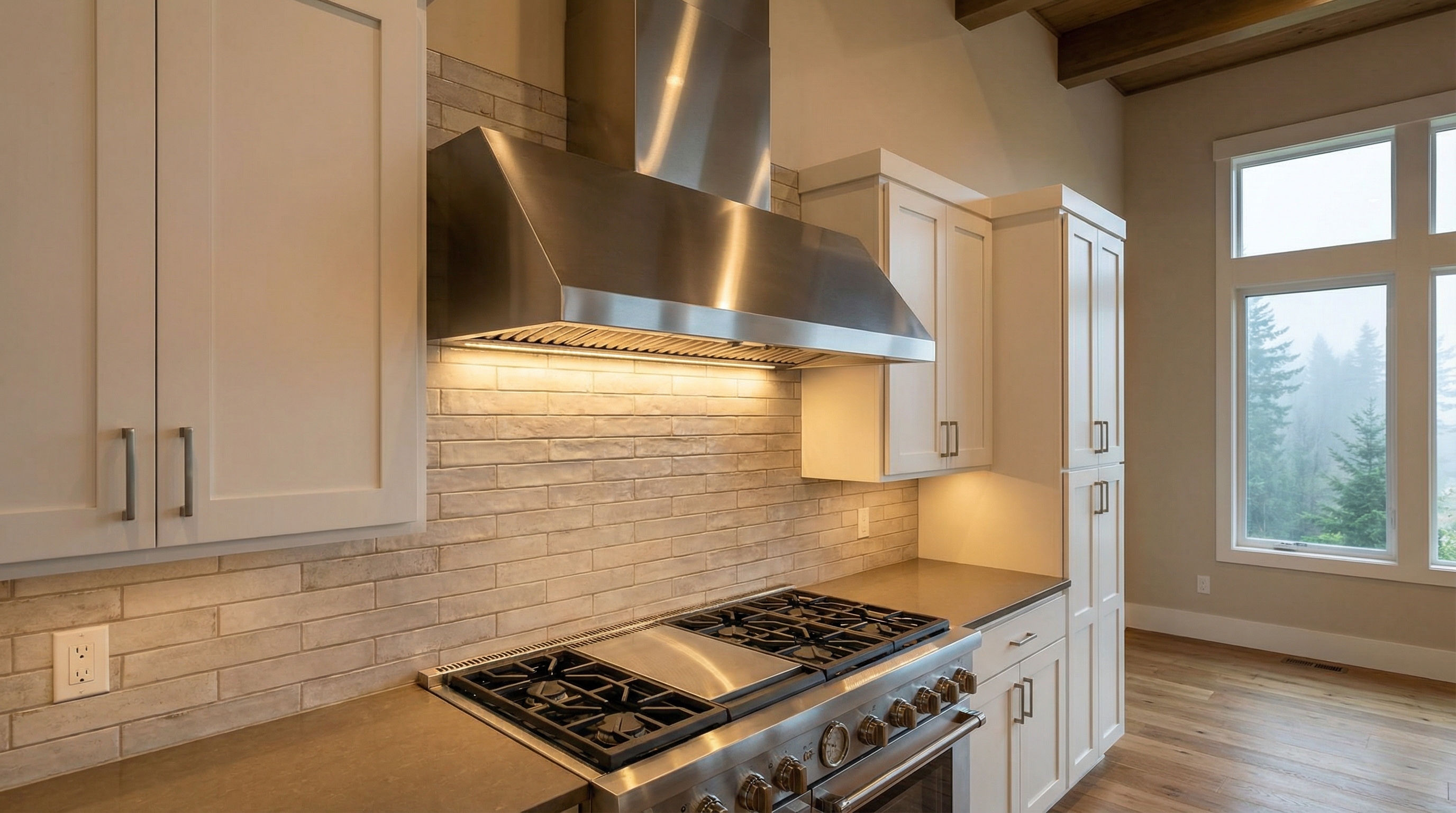 Stainless wall-mount chimney range hood with LED lighting installed above a pro-style gas range in a modern kitchen