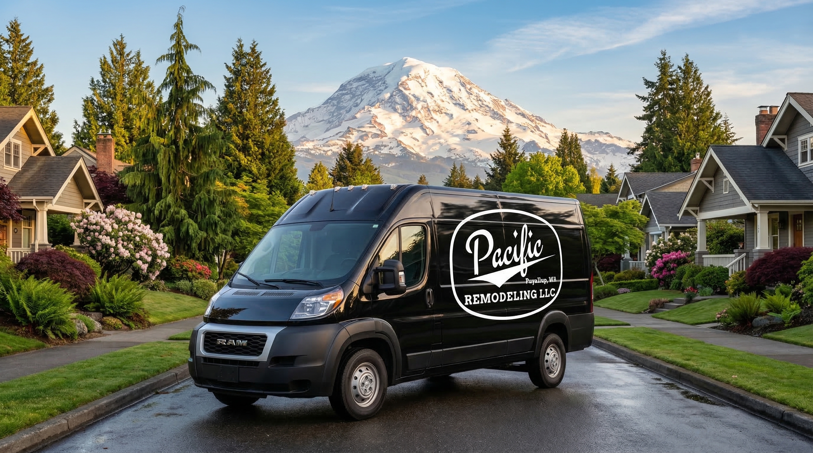 Pacific Remodeling LLC branded van parked in a Puyallup neighborhood with Mount Rainier in the background