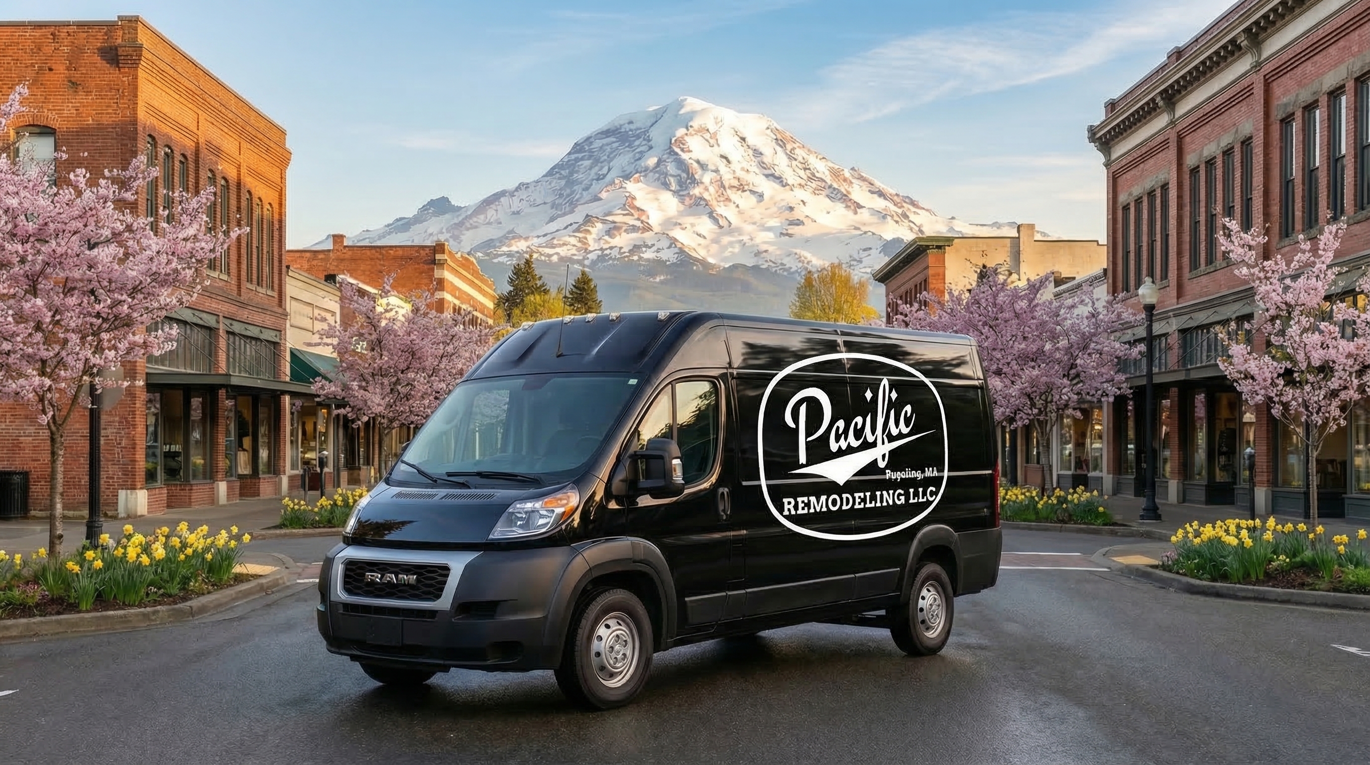 Pacific Remodeling LLC van in downtown Puyallup with cherry blossoms and Mount Rainier